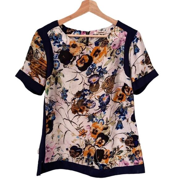 Mally M 100% Silk Floral Short Sleeve Blouse Made in USA in Size XS - Picture 1 of 10
